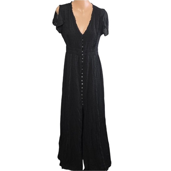 Lulus Dress Womens M Black Swiss Dot Button Front Maxi Cottagecore Dark Fairy - Picture 1 of 9